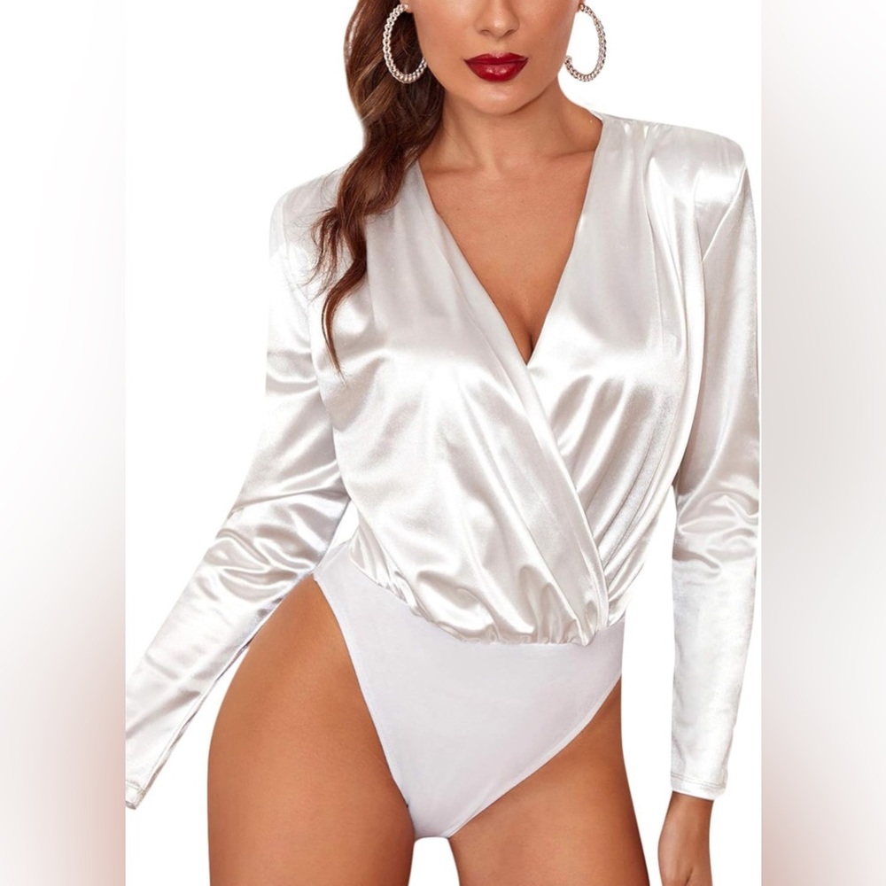 Women's Satin Long Sleeve Wrap V Neck Bodysuit